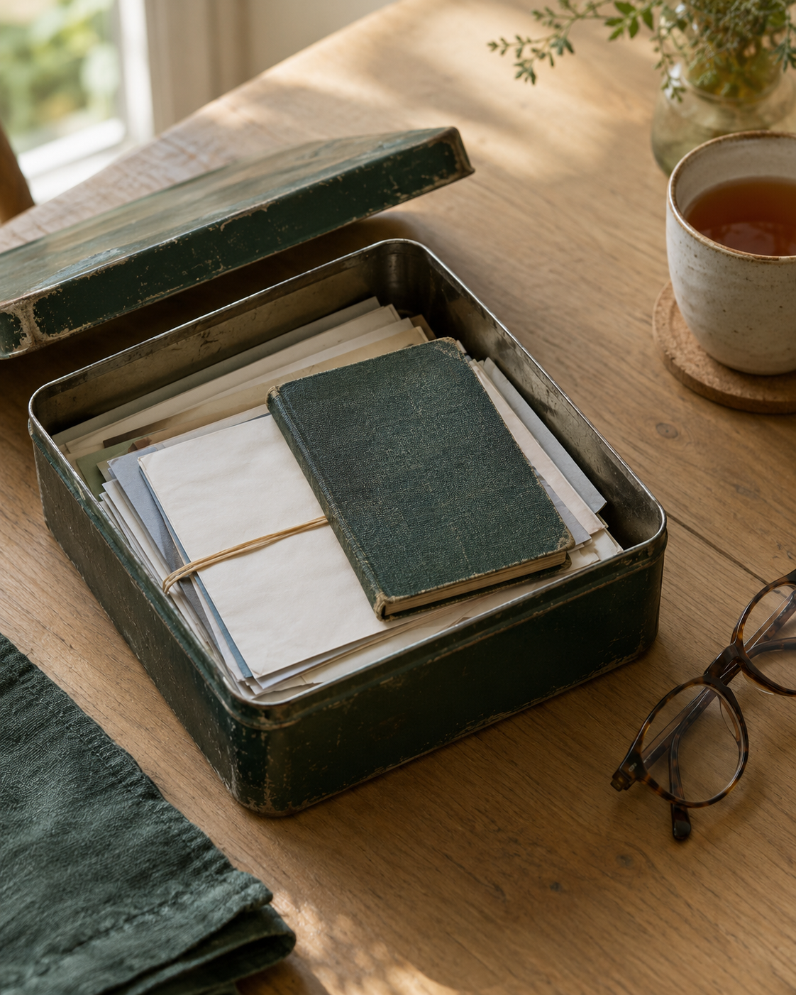 Boîte en fer ouverte avec des relevés et un vieux livret d'épargne